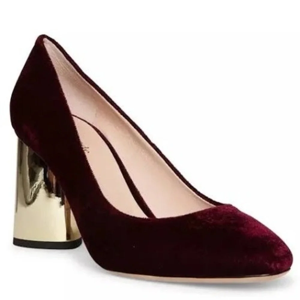 Kate Spade Sybil Pump Cherrywood Burgundy Velvet Gold Rhinestone Block Heel 8.5M